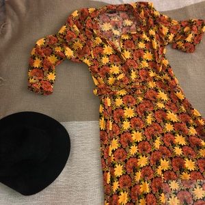 Yellow and Orange Floral long sleeve midi dress